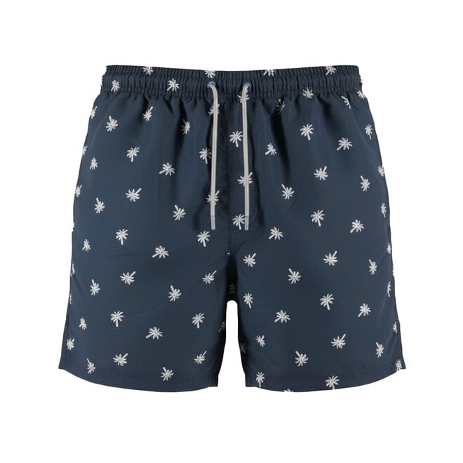 No Way Monday Herren-Badeshorts dunkelblau mit Palmenmuster, mittellang