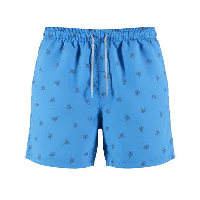 No Way Monday men's swim shorts, blue palm, mid-length