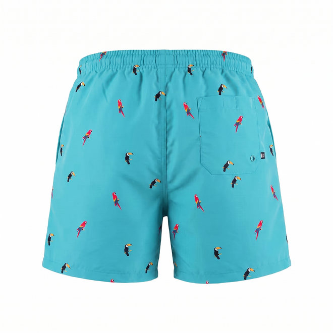 No Way Monday men's swim shorts, turquoise parrots, mid-length