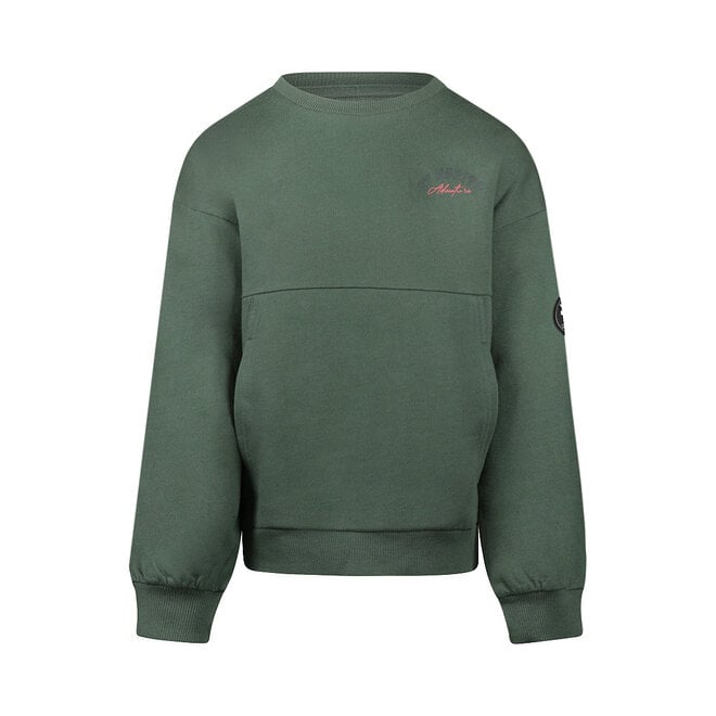 No Way Monday jongens loose fit sweater bosgroen zachtrood