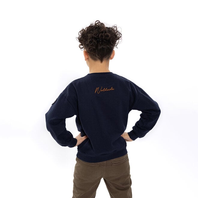 No Way Monday jongens loose fit sweater donkerblauw bruin