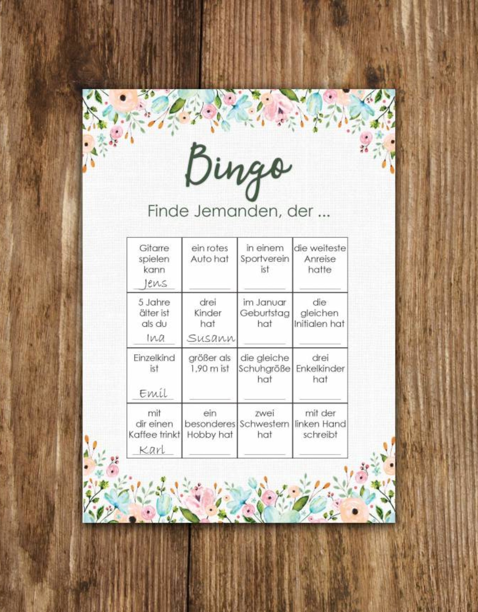 50 Bingokarten Hochzeit, Hochzeitsbingo Spiel