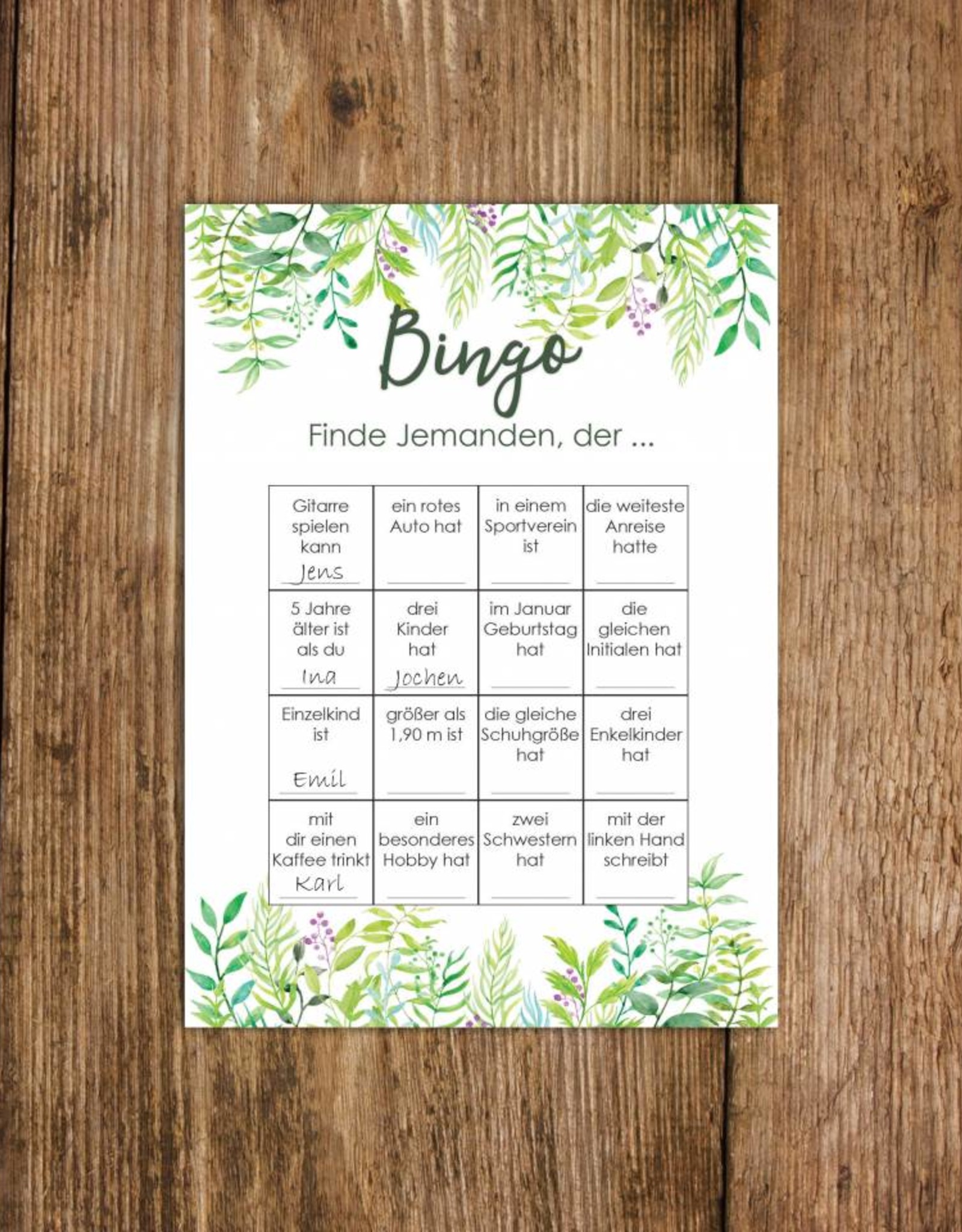 50 Bingokarten Hochzeit, Hochzeitsbingo Spiel