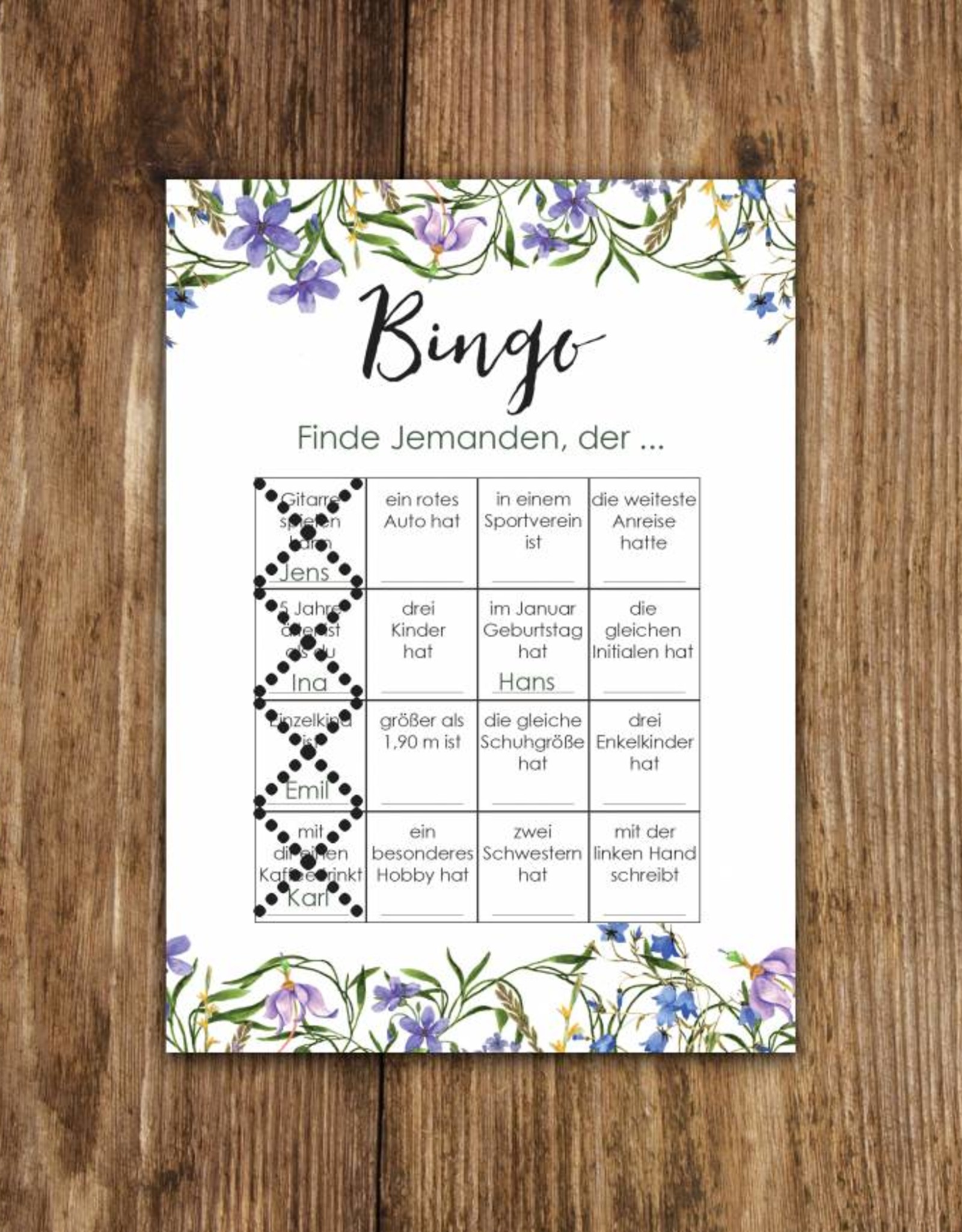 50 Bingokarten Hochzeit, Hochzeitsbingo Spiel