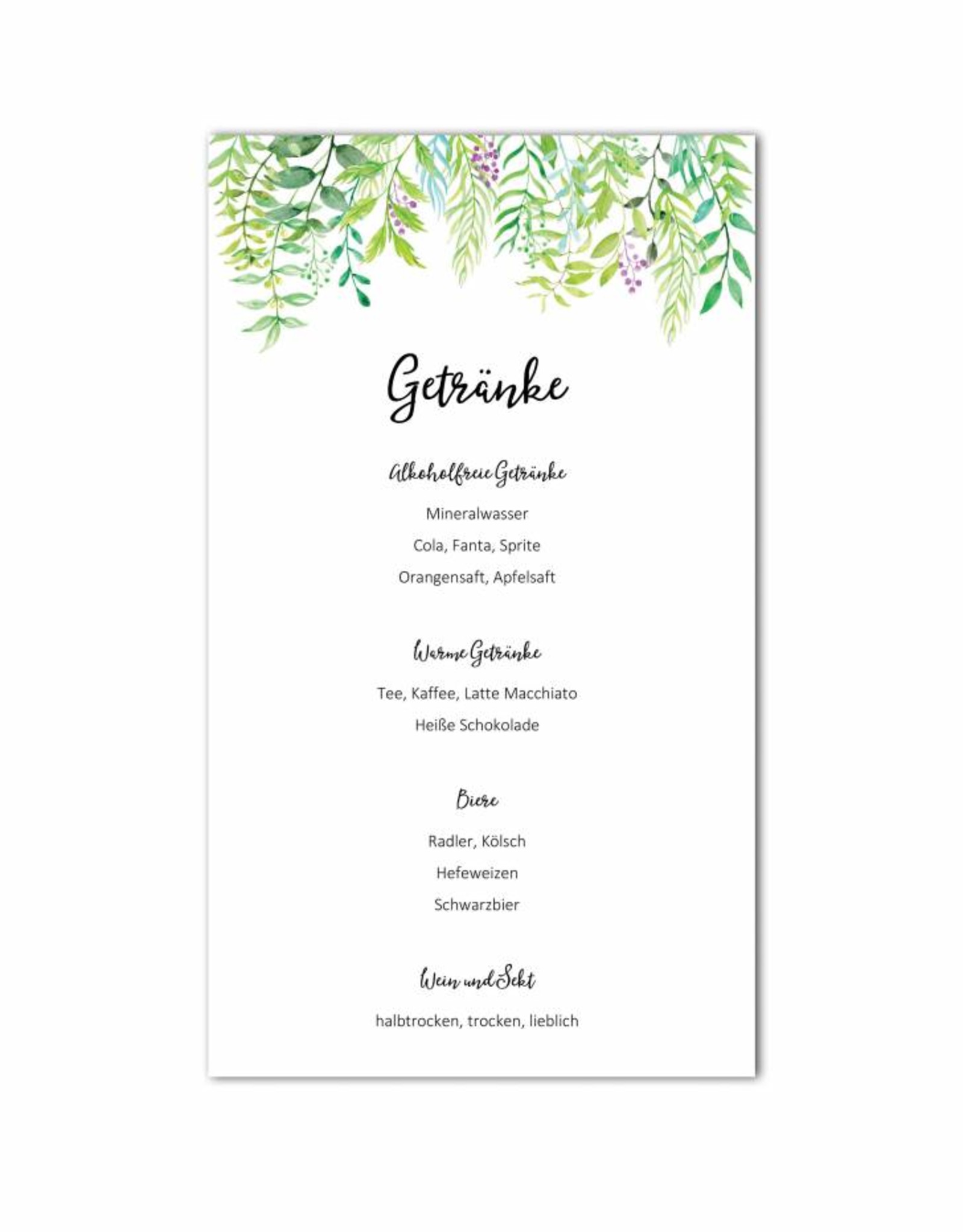 0 Menükarten zum Bedrucken "Grüne Hochzeit" Getränkekarte Hochzeit