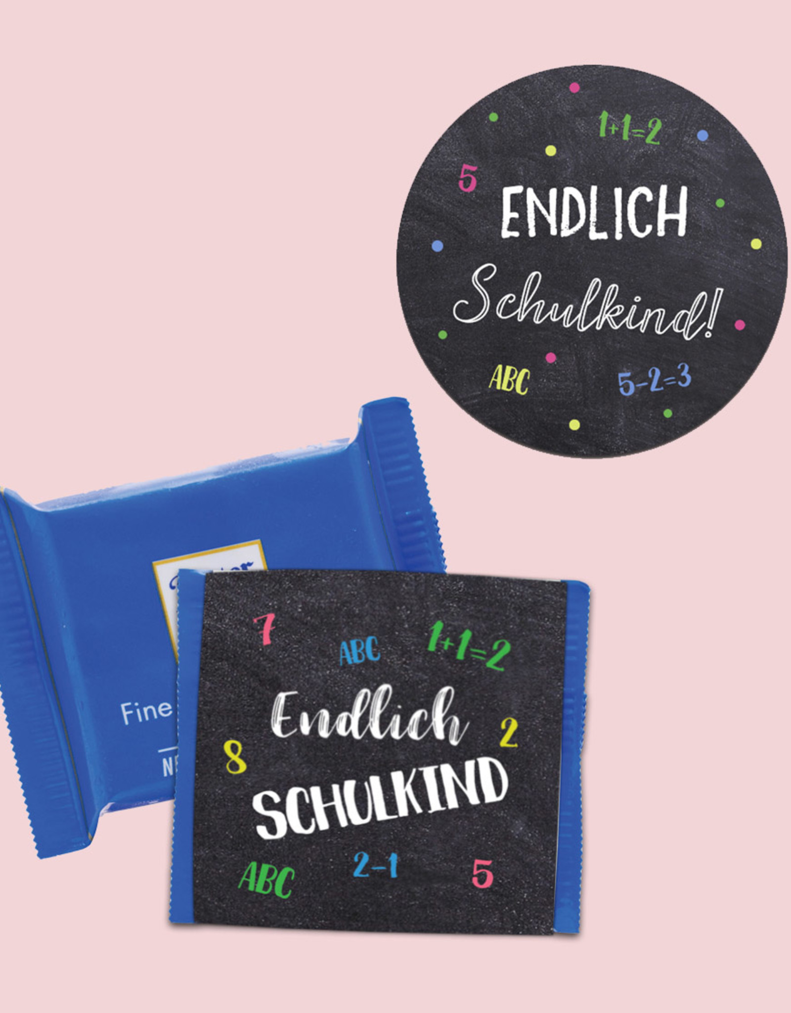 25 x Sticker "Endlich Schulkind" + 25 Banderolen SCHULANFANG