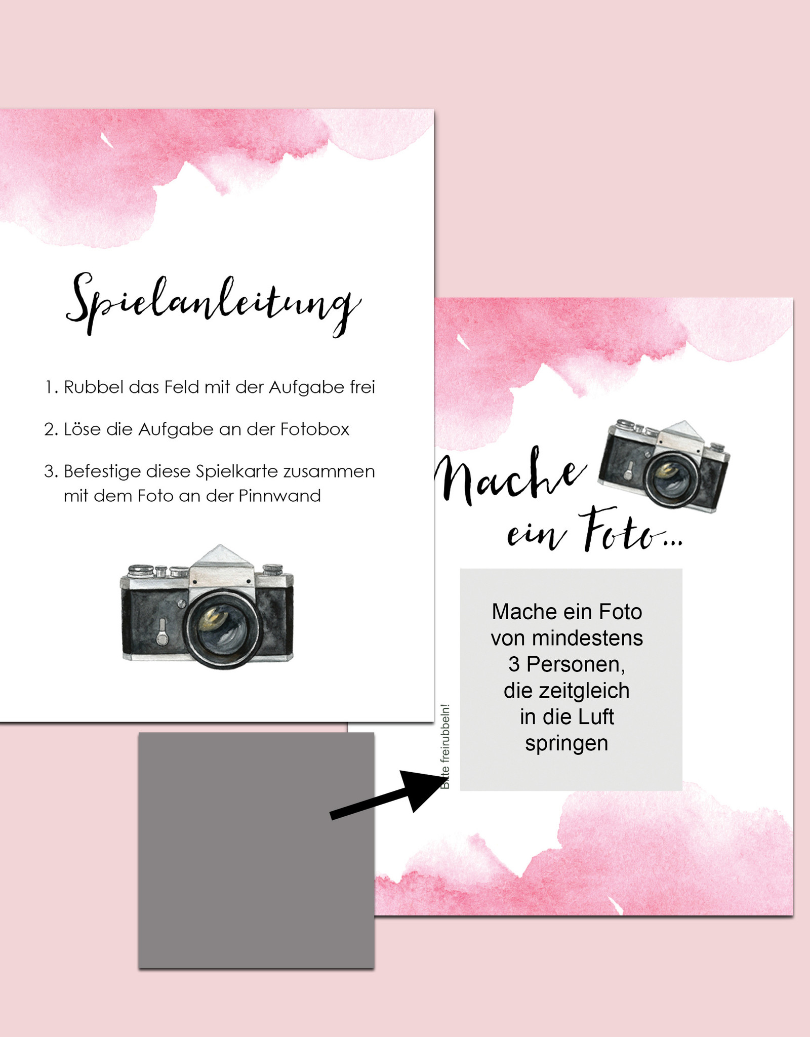 50 Fotoboxaufgaben zum Rubbeln "Aquarell Hochzeit rosa!" Rubbelkarten