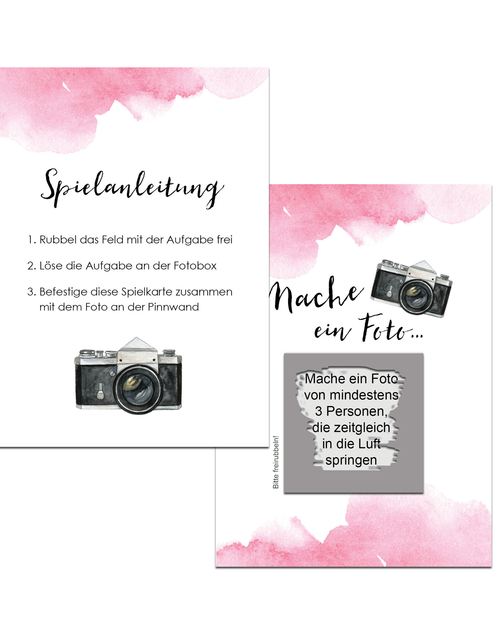 50 Fotoboxaufgaben zum Rubbeln "Aquarell Hochzeit rosa!" Rubbelkarten