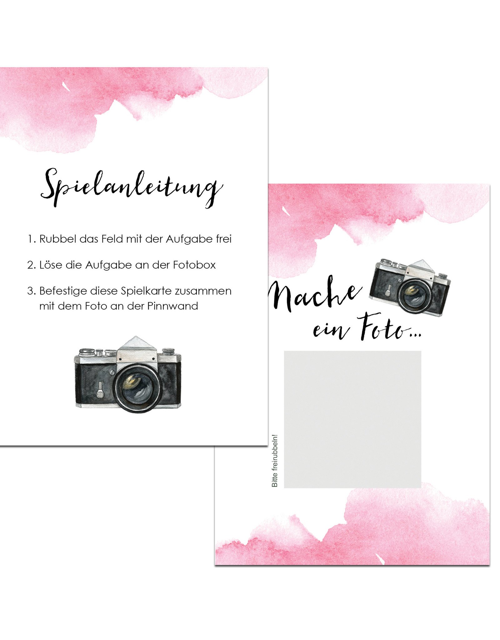 50 Fotoboxaufgaben zum Rubbeln "Aquarell Hochzeit rosa!" Rubbelkarten