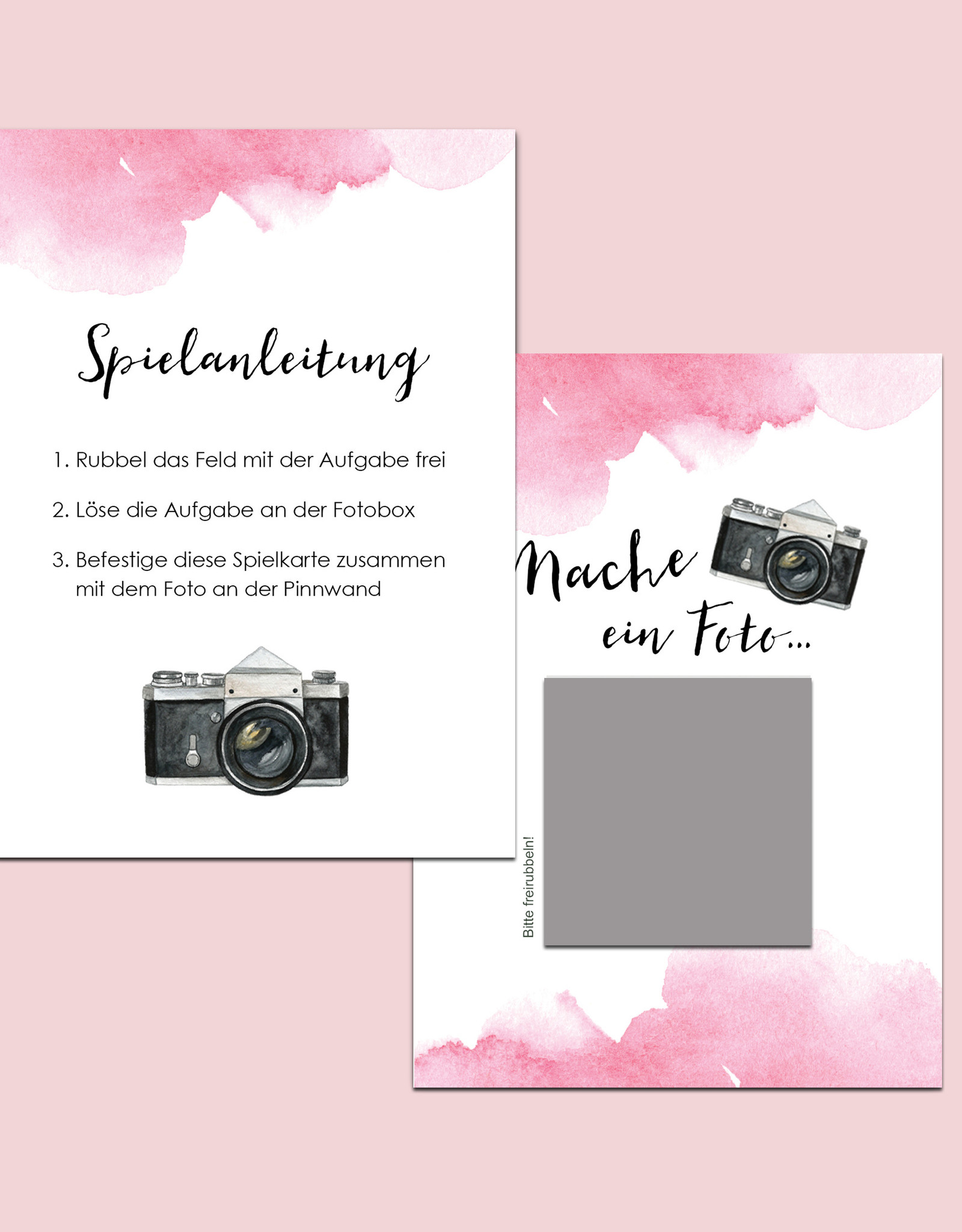 50 Fotoboxaufgaben zum Rubbeln "Aquarell Hochzeit rosa!" Rubbelkarten