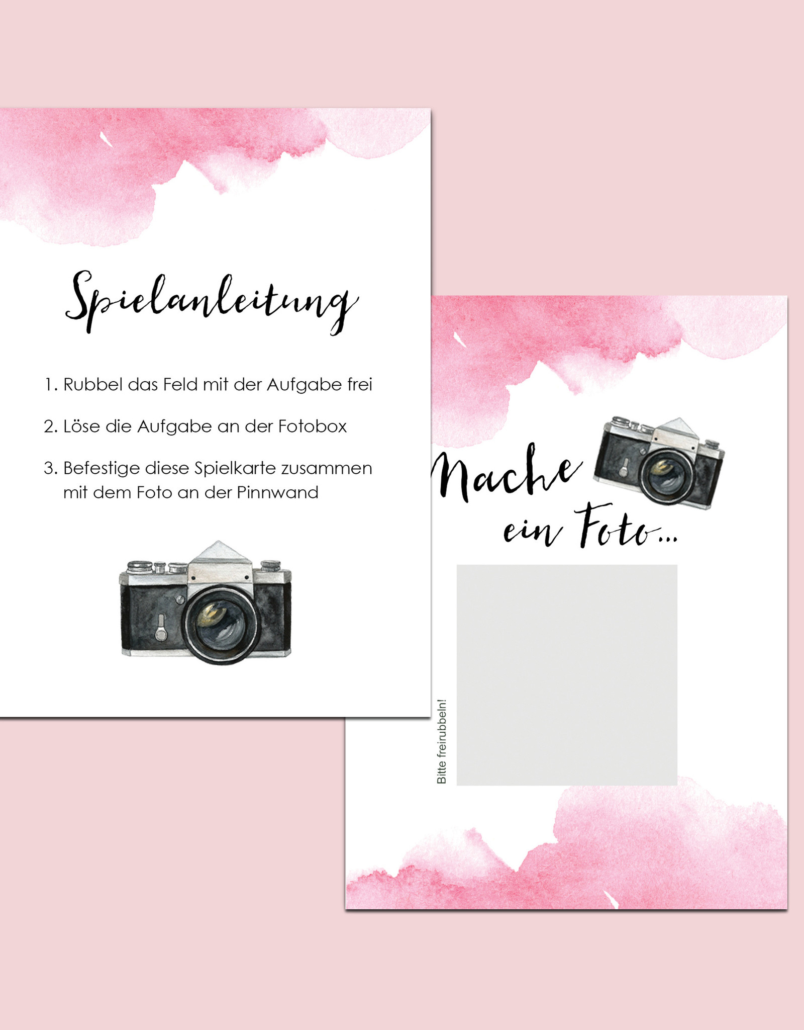 50 Fotoboxaufgaben zum Rubbeln "Aquarell Hochzeit rosa!" Rubbelkarten
