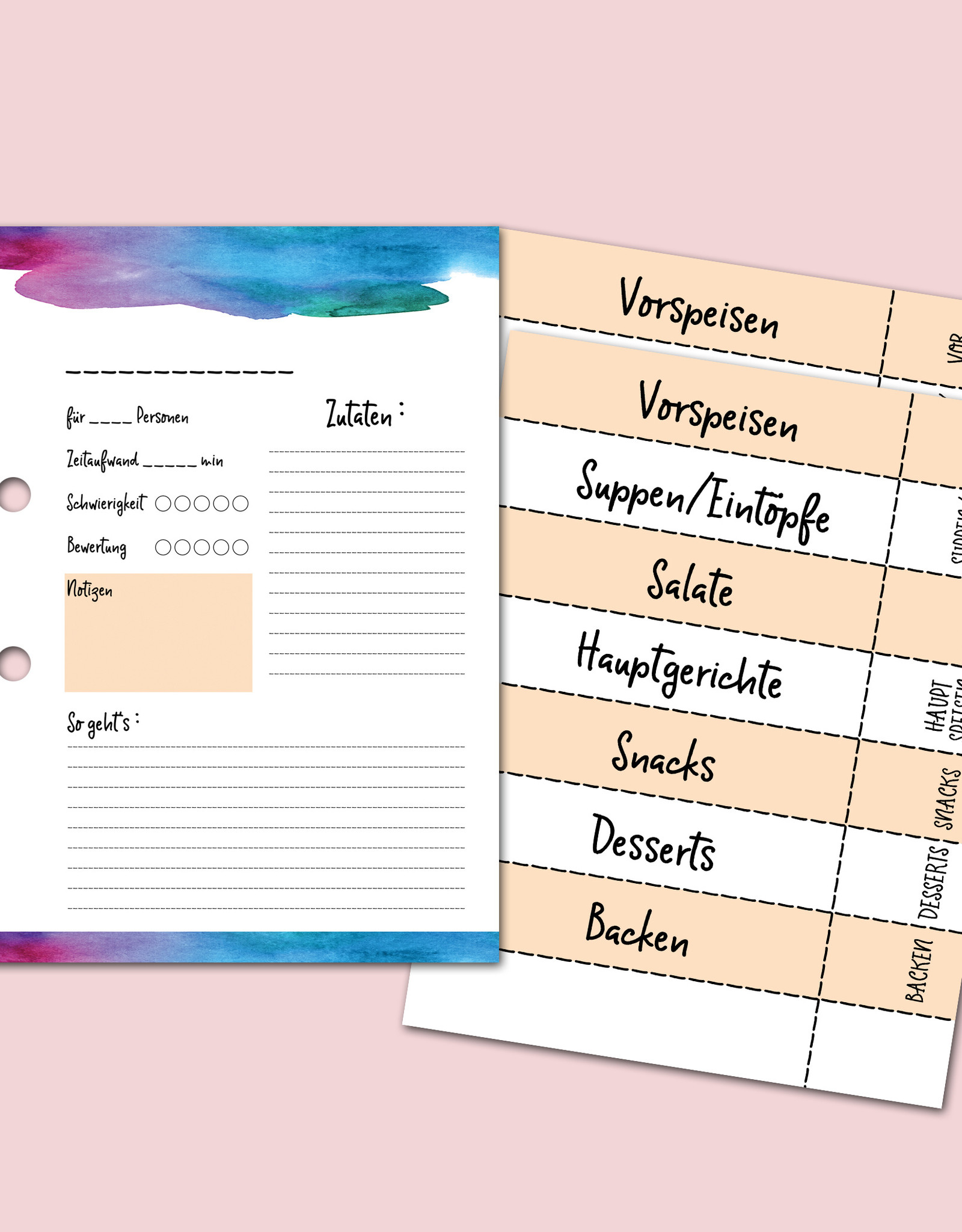 30 Rezeptkarten zum selbst Beschriften DIN A5 inklusive 8 Registerkarten für ein DIY Kochbuch