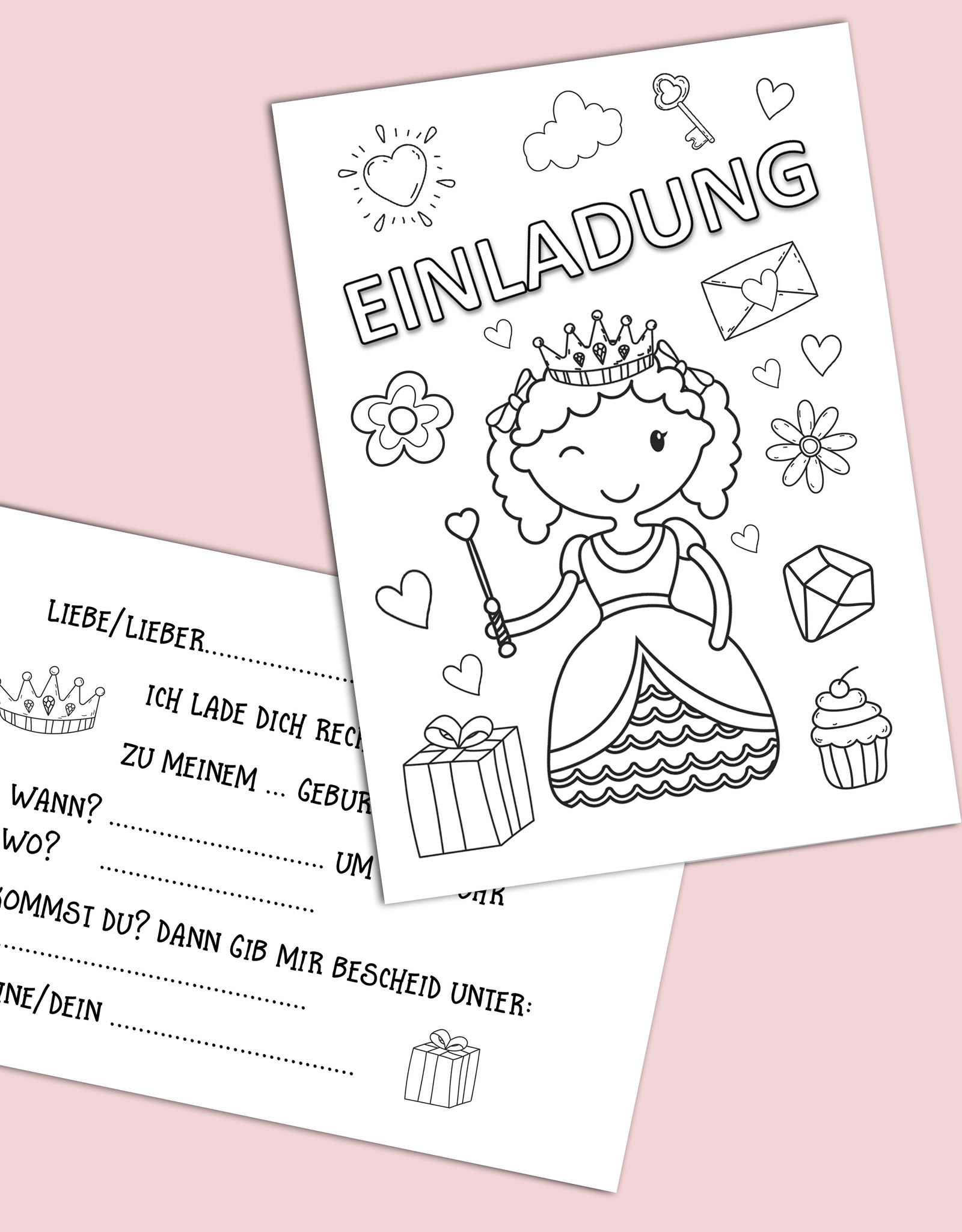 Einladungskarte zum Ausmalen Kindergeburtstag  "Prinzessin"