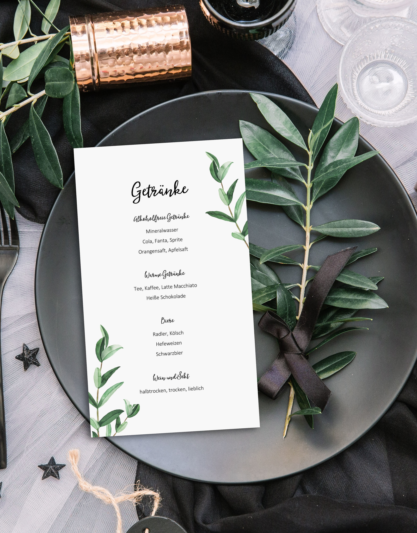 10 Menükarten zum Bedrucken "Eucalyptus Hochzeit" Getränkekarte Hochzeit