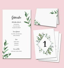 Tischdeko Hochzeit Set EUCALYPTUS (10 Tischnummern 50 Platzkarten 10 Menükarten)