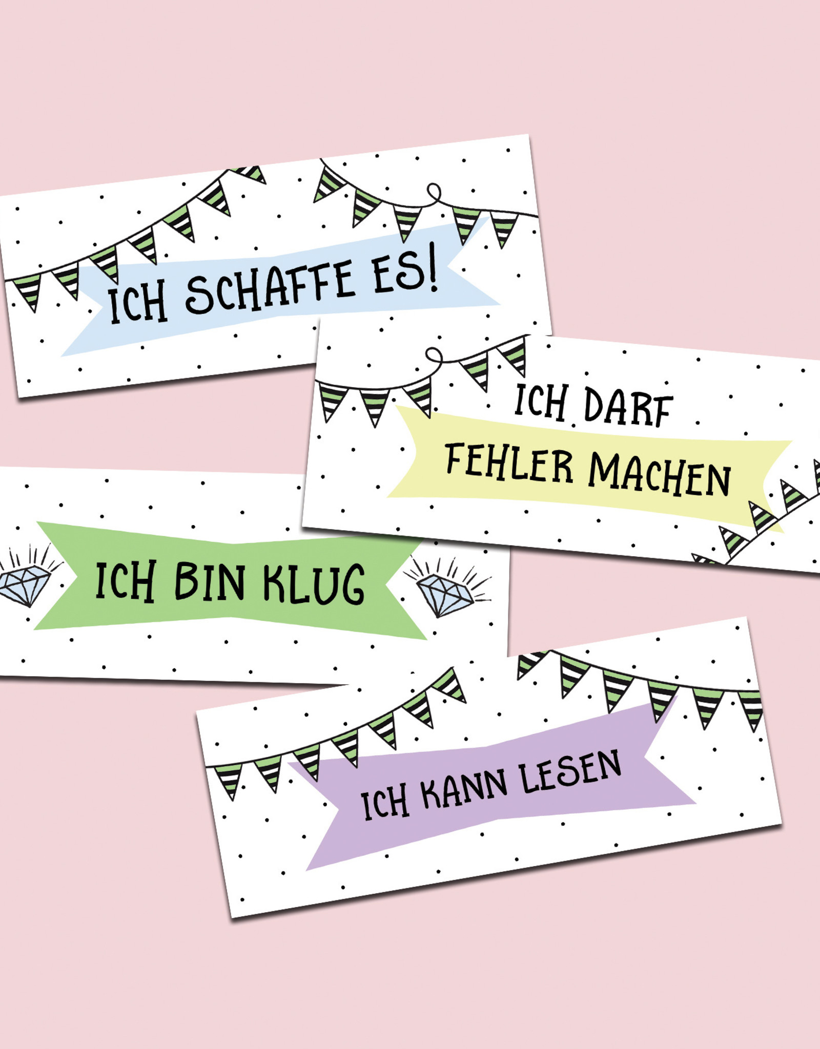 Lesezeichen Glaubenssätze für Kinder 4er Set WIMPEL Wende-Lesezeichen Affirmationen