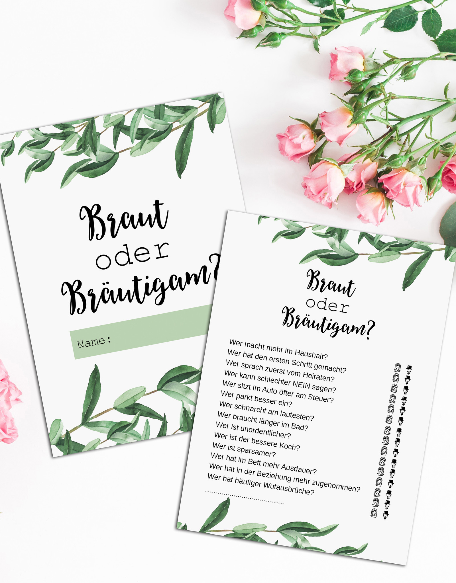 50 Karten Hochzeitsspiel Braut oder Bräutigam? EUCALYPTUS, Hochzeitsspiele Gäste Gastgeschenk Hochzeit