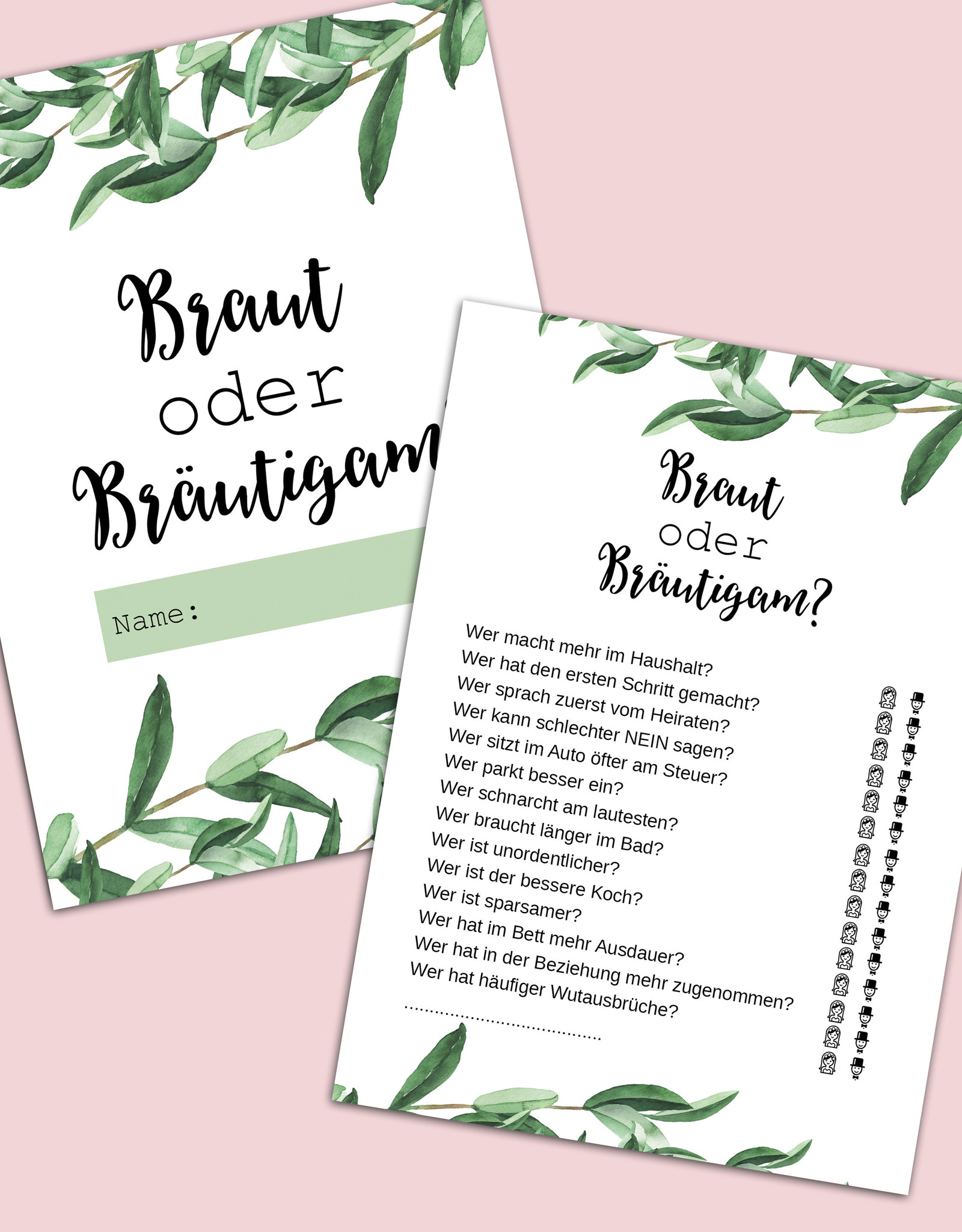 50 Karten Hochzeitsspiel Braut oder Bräutigam? EUCALYPTUS, Hochzeitsspiele Gäste Gastgeschenk Hochzeit