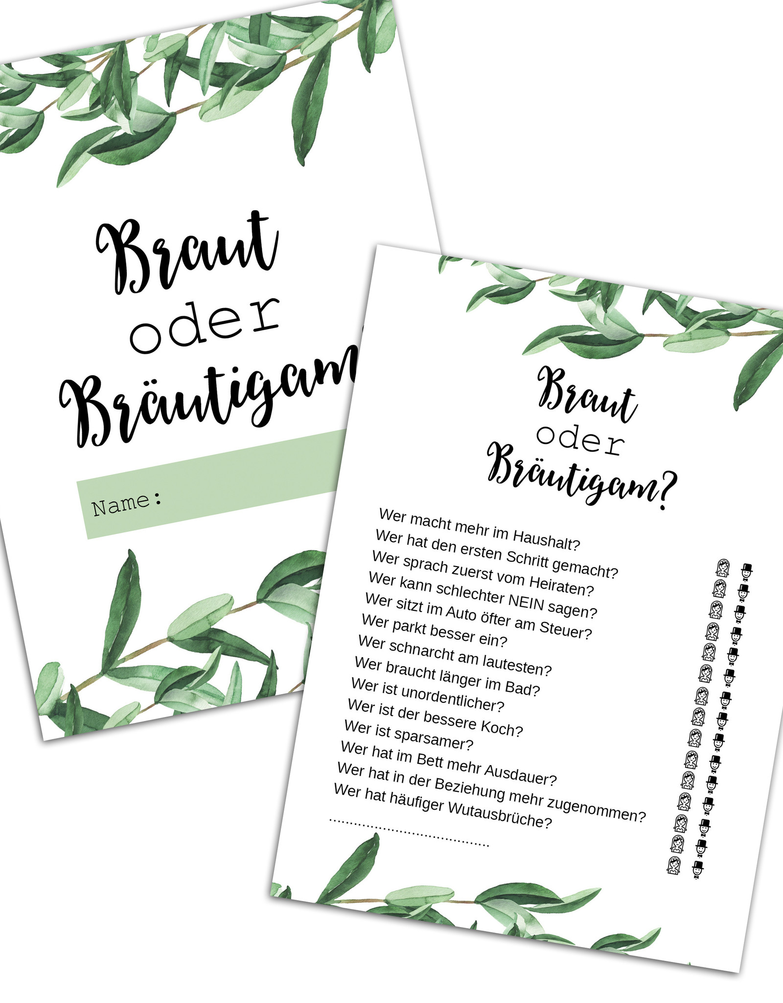 50 Karten Hochzeitsspiel Braut oder Bräutigam? EUCALYPTUS, Hochzeitsspiele Gäste Gastgeschenk Hochzeit