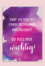 Postkarte "Du bist mir wichtig" Textmarker, Postkarte Liebe, Postkarten Sprüche,