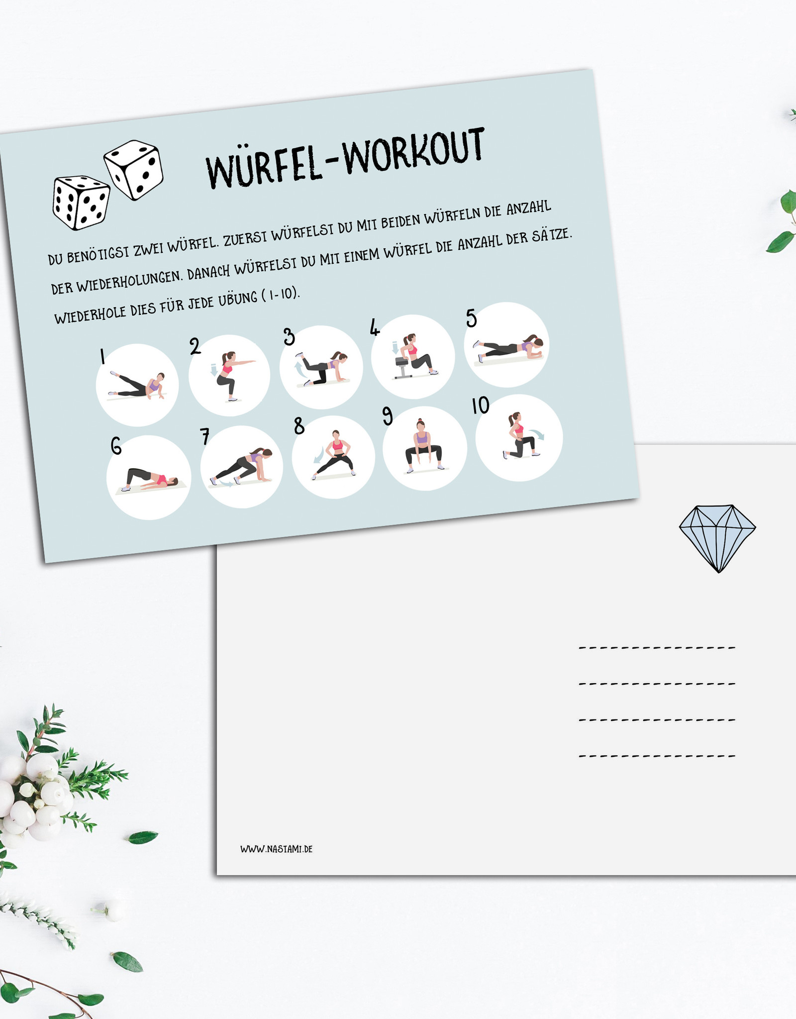 Postkarte Fitness "Würfel-Workout", Postkarten Motivation, Sport, Challenge Fitness Neujahr Postkarte