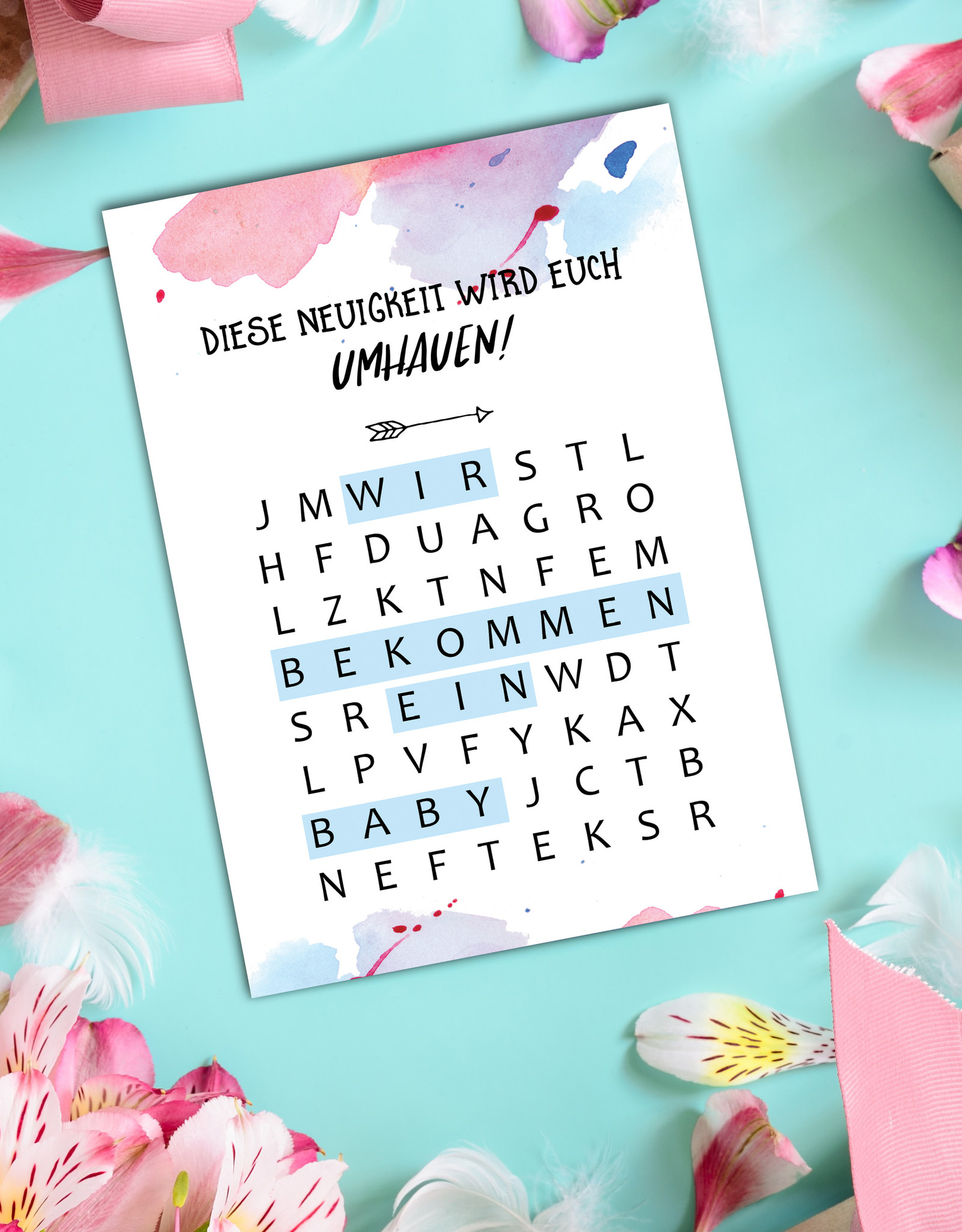 Postkarte "Wir bekommen ein Baby" Karte Buchstabensalat Schwangerschaft verkünden