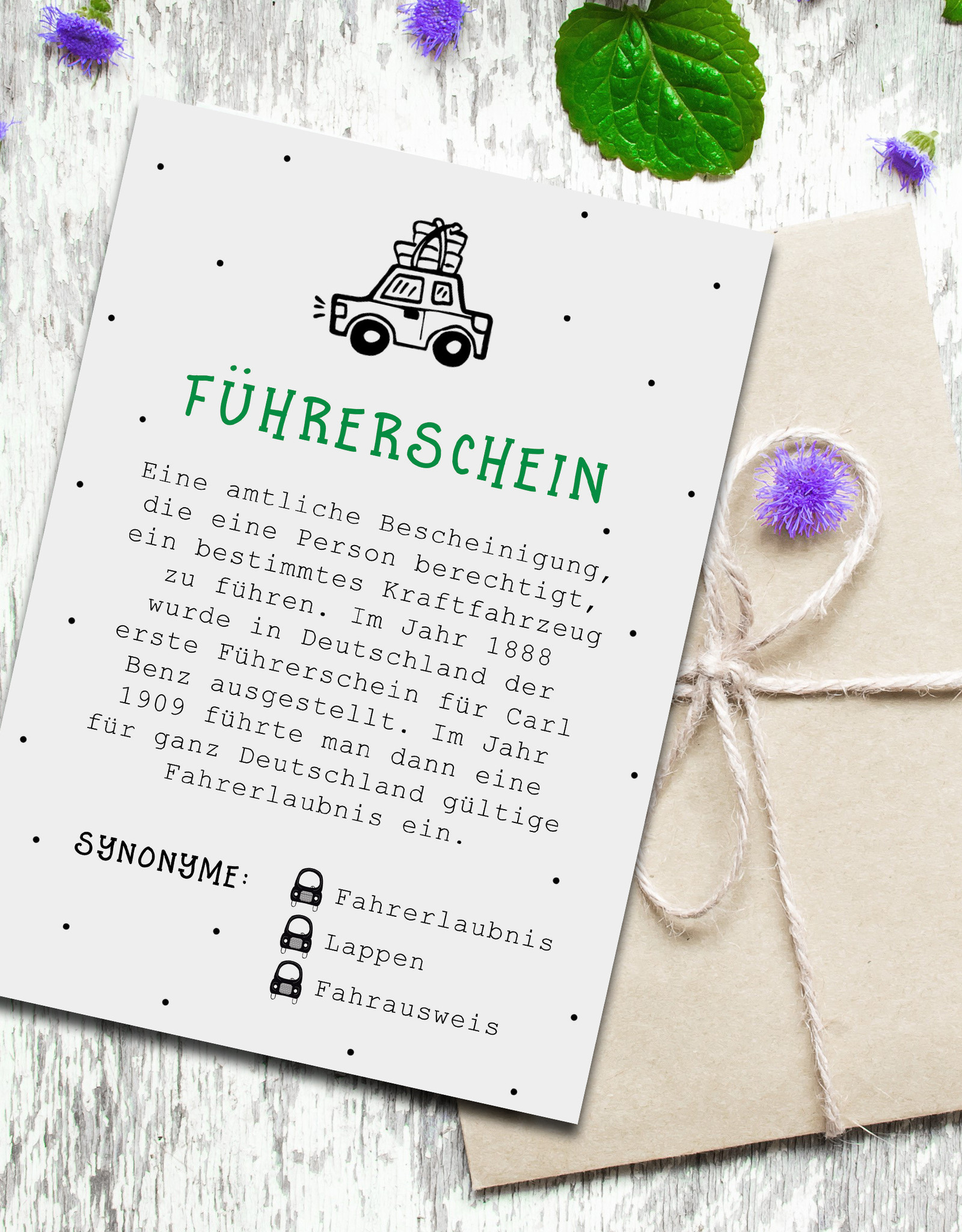 Postkarte FÜHRERSCHEIN inkl. Briefumschlag Füherschein Geschenk Führerscheinprüfung Geldgeschenk