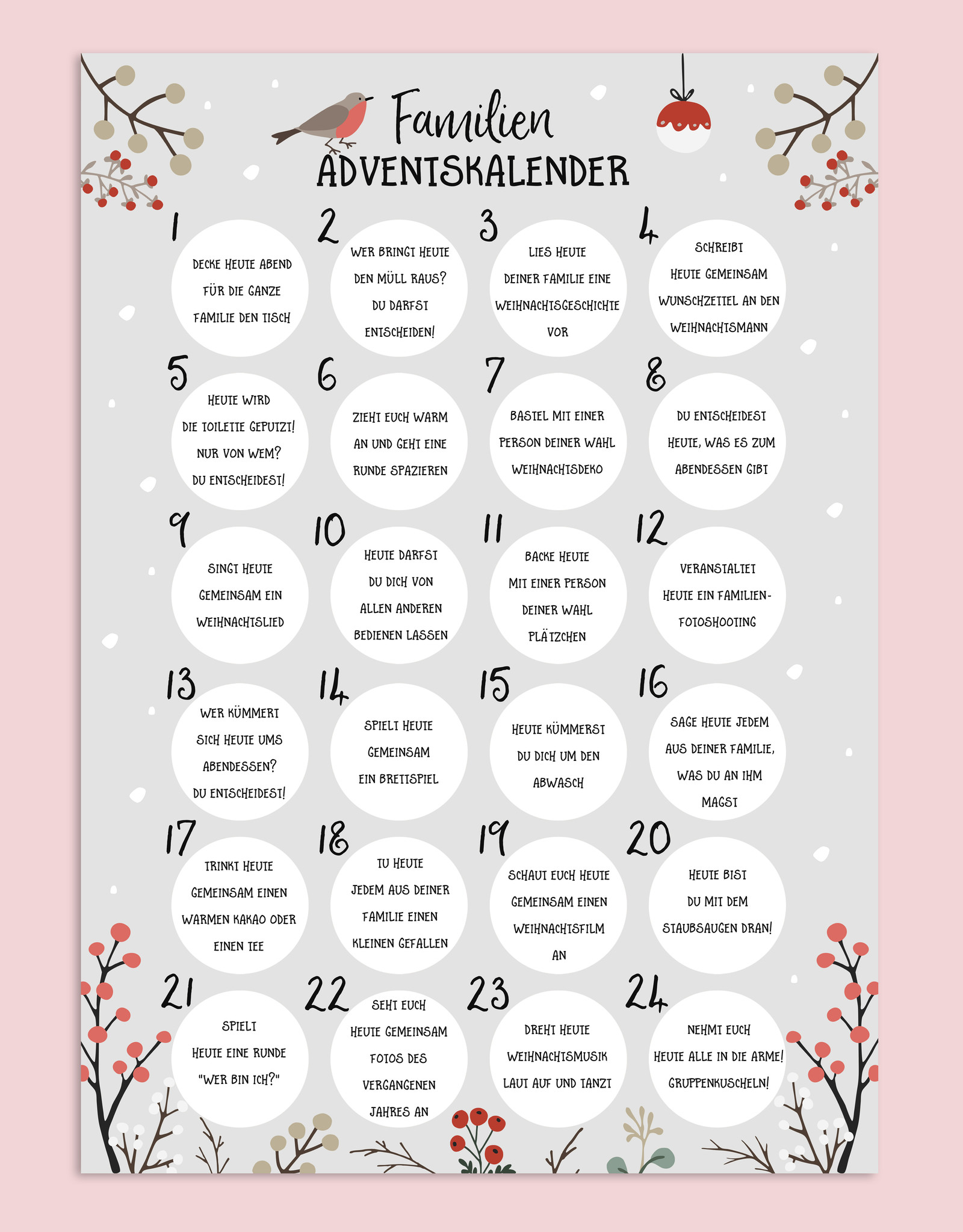 Familien Adventskalender zum Rubbeln A3 GRAU Weihnachtskalender für die ganze Familie