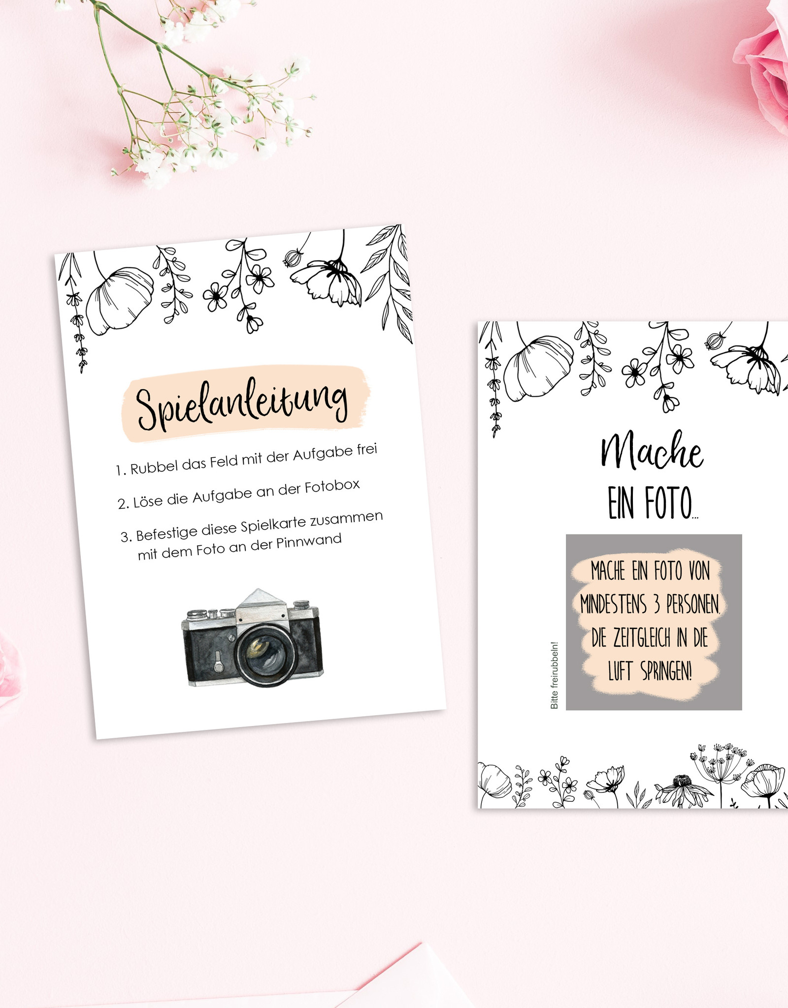 50 Fotoaufgaben Hochzeit zum Rubbeln FLOWERS Rubbelkarten