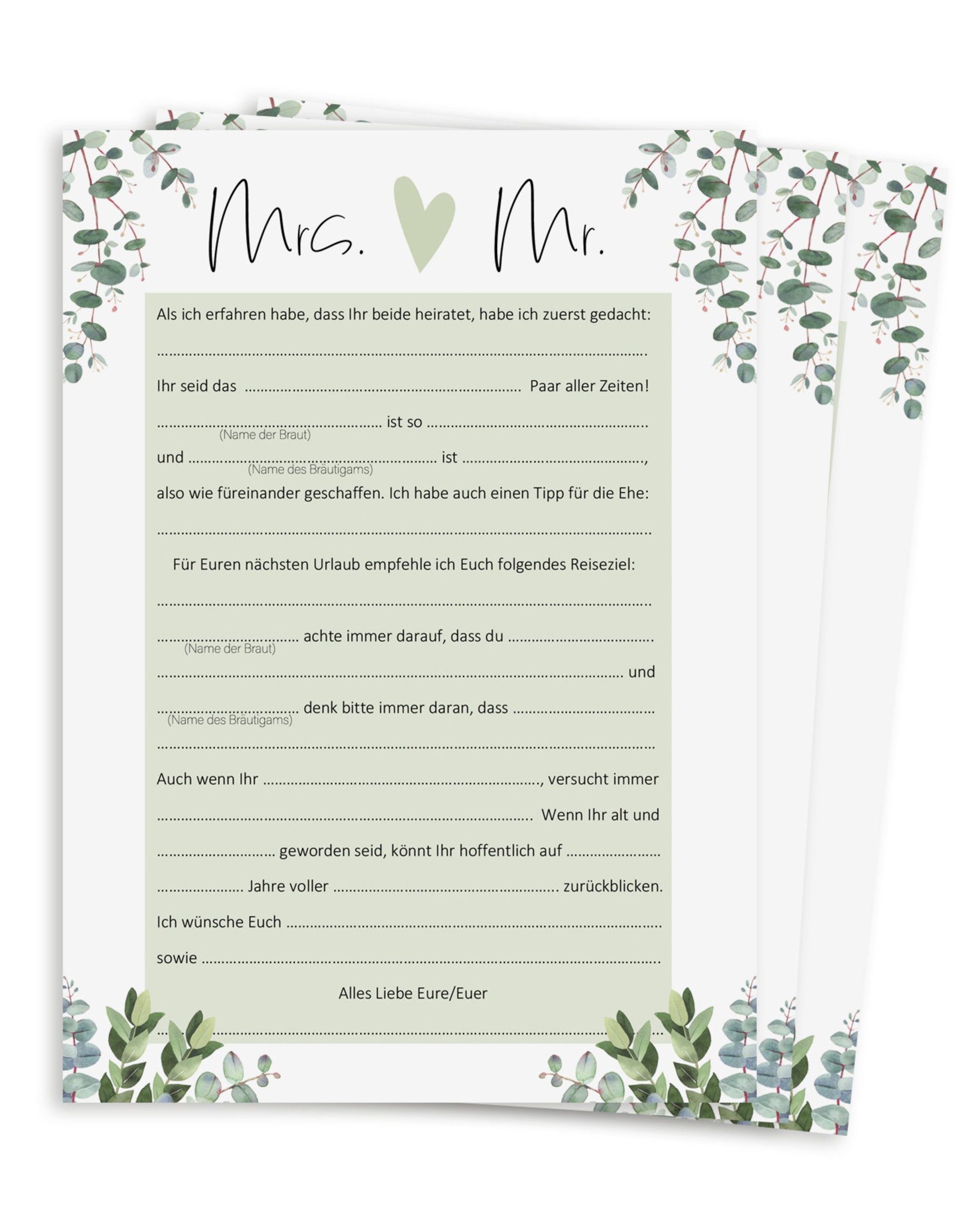 25 x Karten für Hochzeitsspiel LÜCKENTEXT Eucalyptus Gästebuch Karten