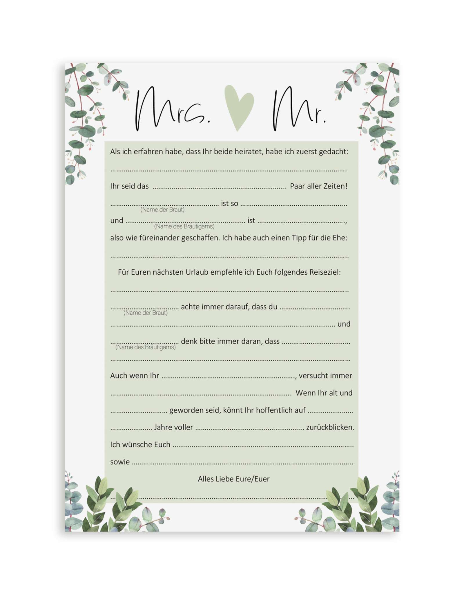 25 x Karten für Hochzeitsspiel LÜCKENTEXT Eucalyptus Gästebuch Karten
