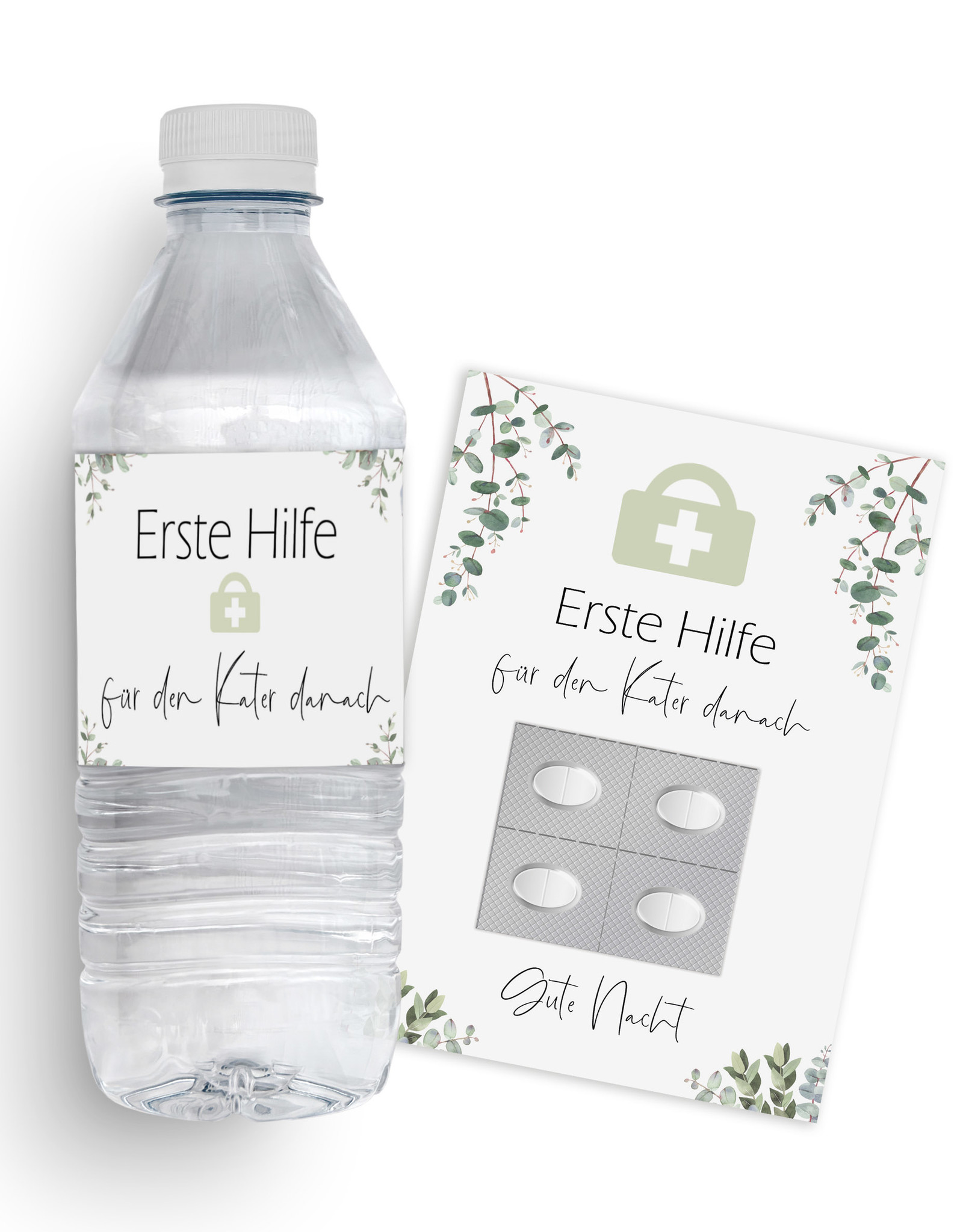 20 x Set Für den Kater danach EUCALYPTUS 20 Banderolen für Wasserflasche + 20 Postkarten