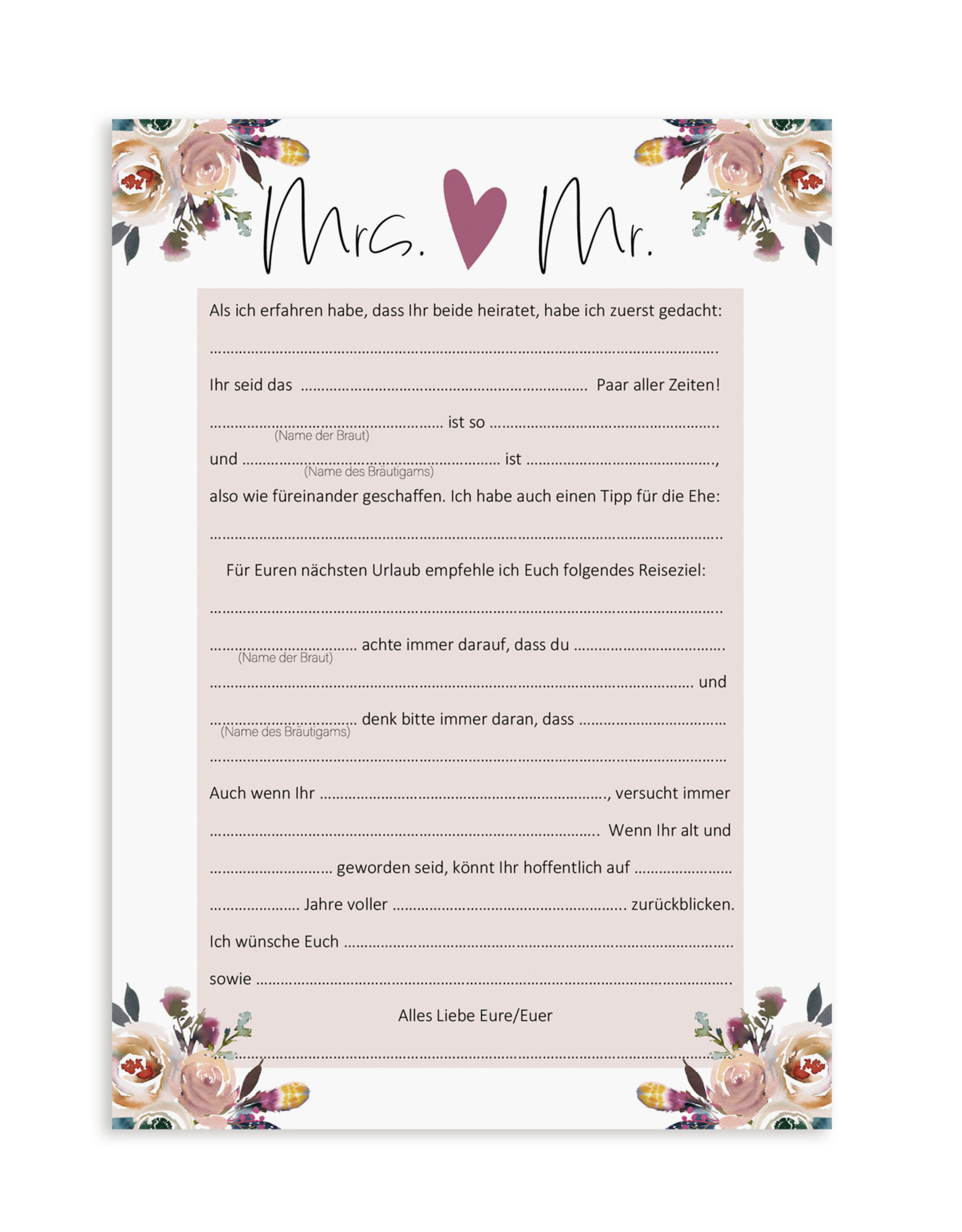 25 x Karten BOHO für Hochzeitsspiel LÜCKENTEXT