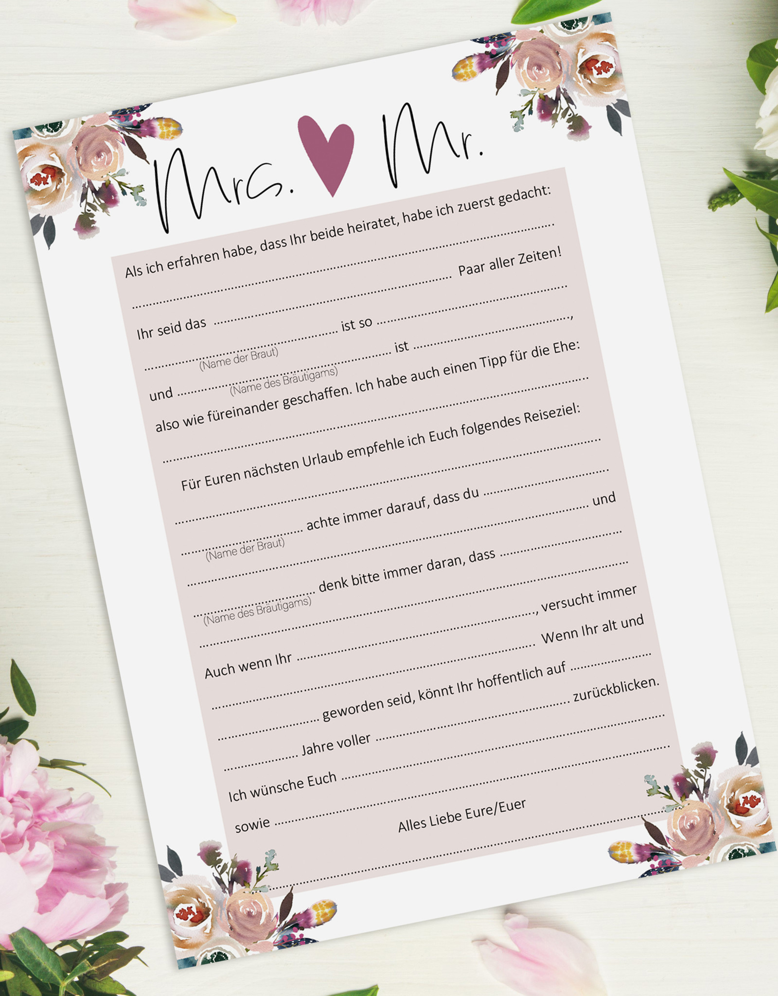 25 x Karten BOHO für Hochzeitsspiel LÜCKENTEXT