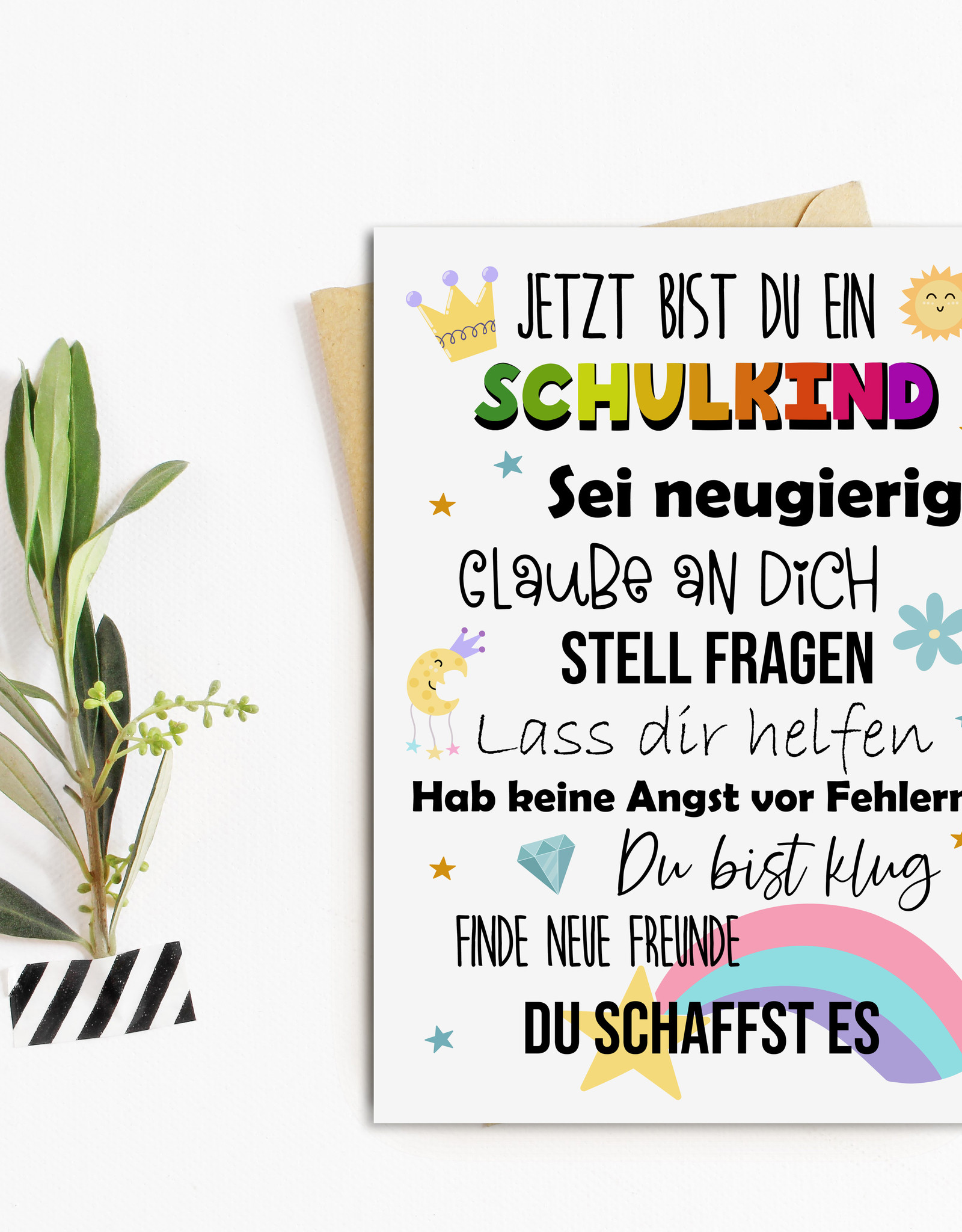 Postkarte Schulanfang SCHULKIND BUNT Geschenk Einschulung