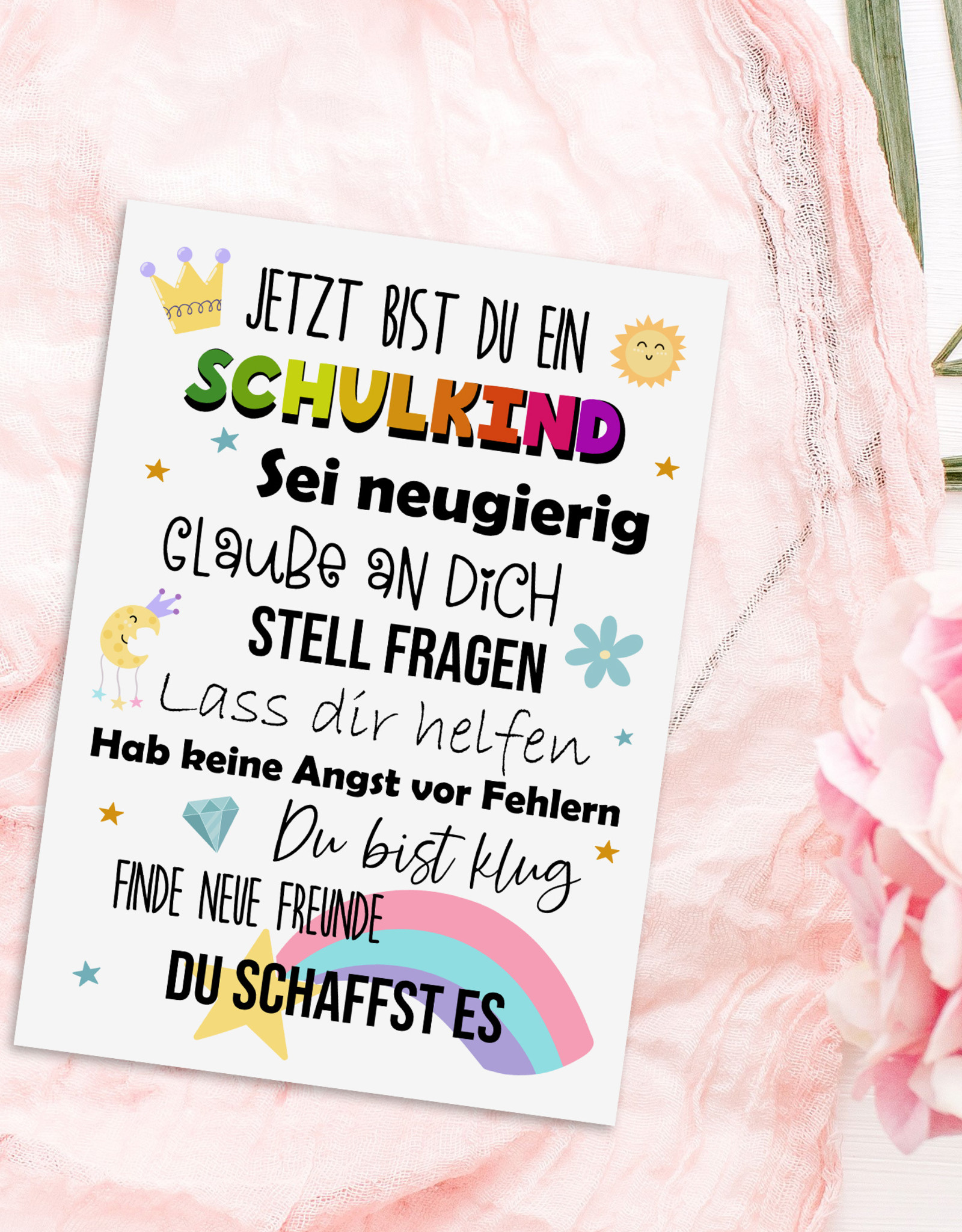 Postkarte Schulanfang SCHULKIND BUNT Geschenk Einschulung