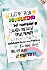 Postkarte Schulanfang SCHULKIND BUNT Geschenk Einschulung