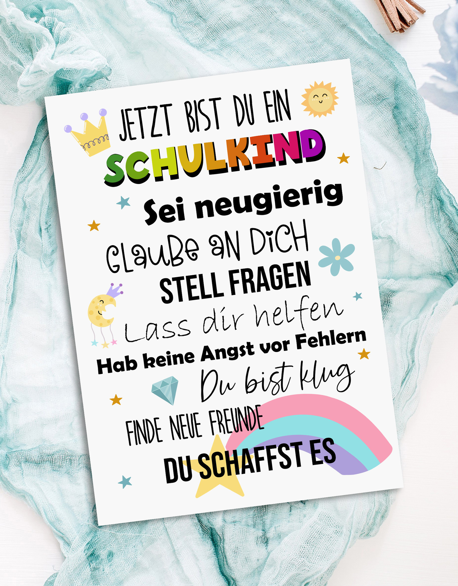 Postkarte Schulanfang SCHULKIND BUNT Geschenk Einschulung