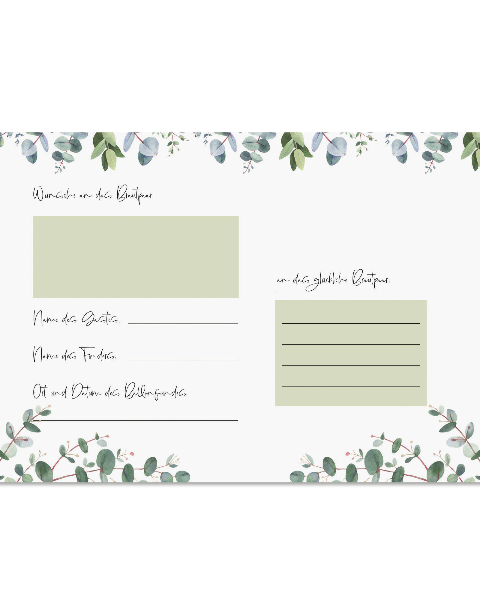 50 Ballonflugkarten EUCALYPTUS Hochzeit Spiele für Hochzeitsgäste Ballons steigen lassen