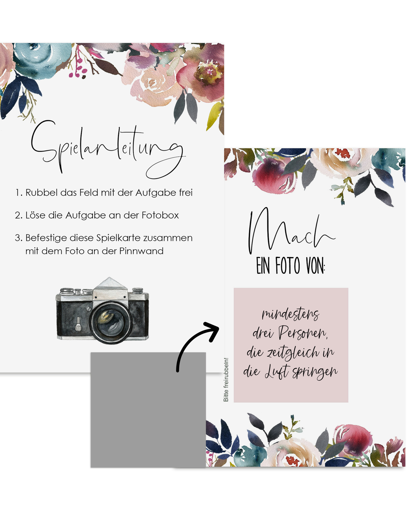 50 Fotoboxaufgaben zum Rubbeln "Boho Hochzeit!" Rubbelkarten