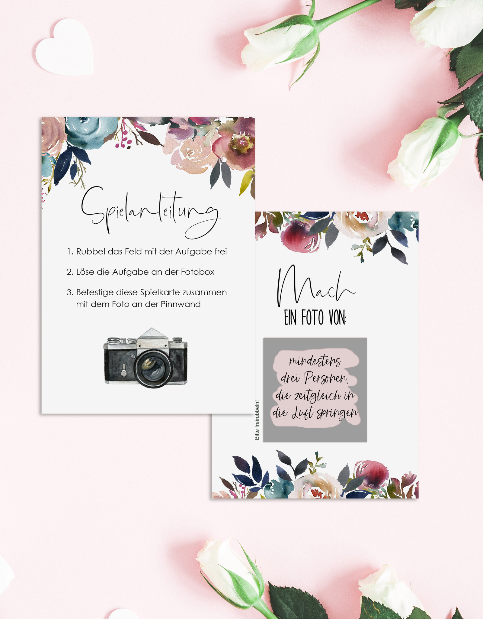 50 Fotoboxaufgaben zum Rubbeln "Boho Hochzeit!" Rubbelkarten