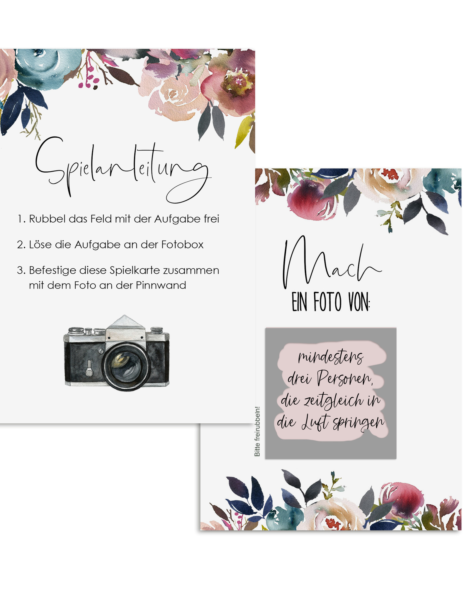 50 Fotoboxaufgaben zum Rubbeln "Boho Hochzeit!" Rubbelkarten