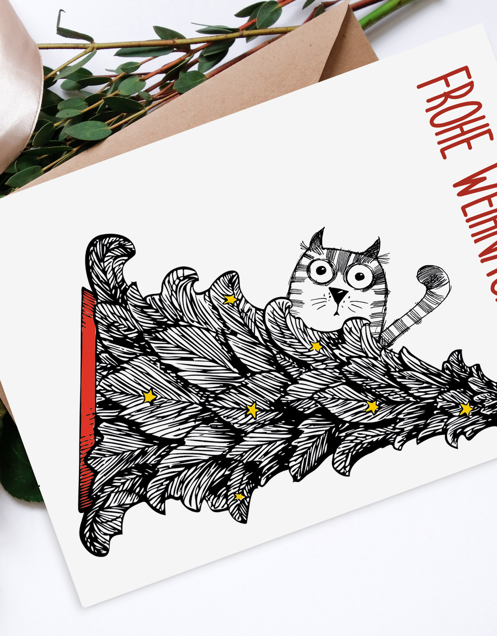 Weihnachtskarte Katze mit Weihnachtsbaum Postkarte Weihnachten Weihnachtskarte lustig
