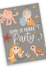 10 x Einladungskarten Kindergeburtstag MEERJUNGFRAU + 10 Tüten inkl. Sticker Mitgebsel Kindergeburtstag