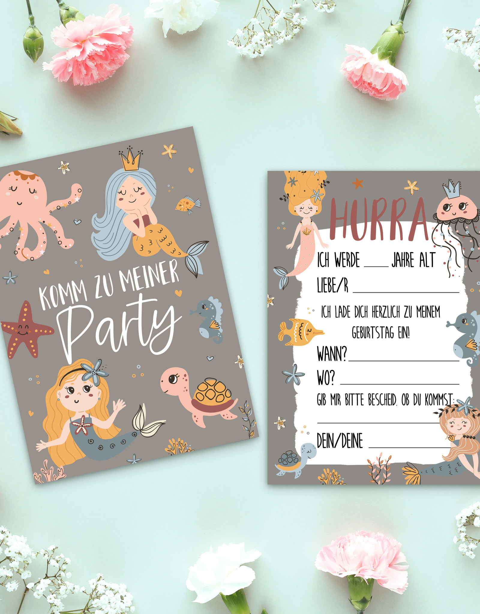 10 x Einladungskarten Kindergeburtstag MEERJUNGFRAU + 10 Tüten inkl. Sticker Mitgebsel Kindergeburtstag