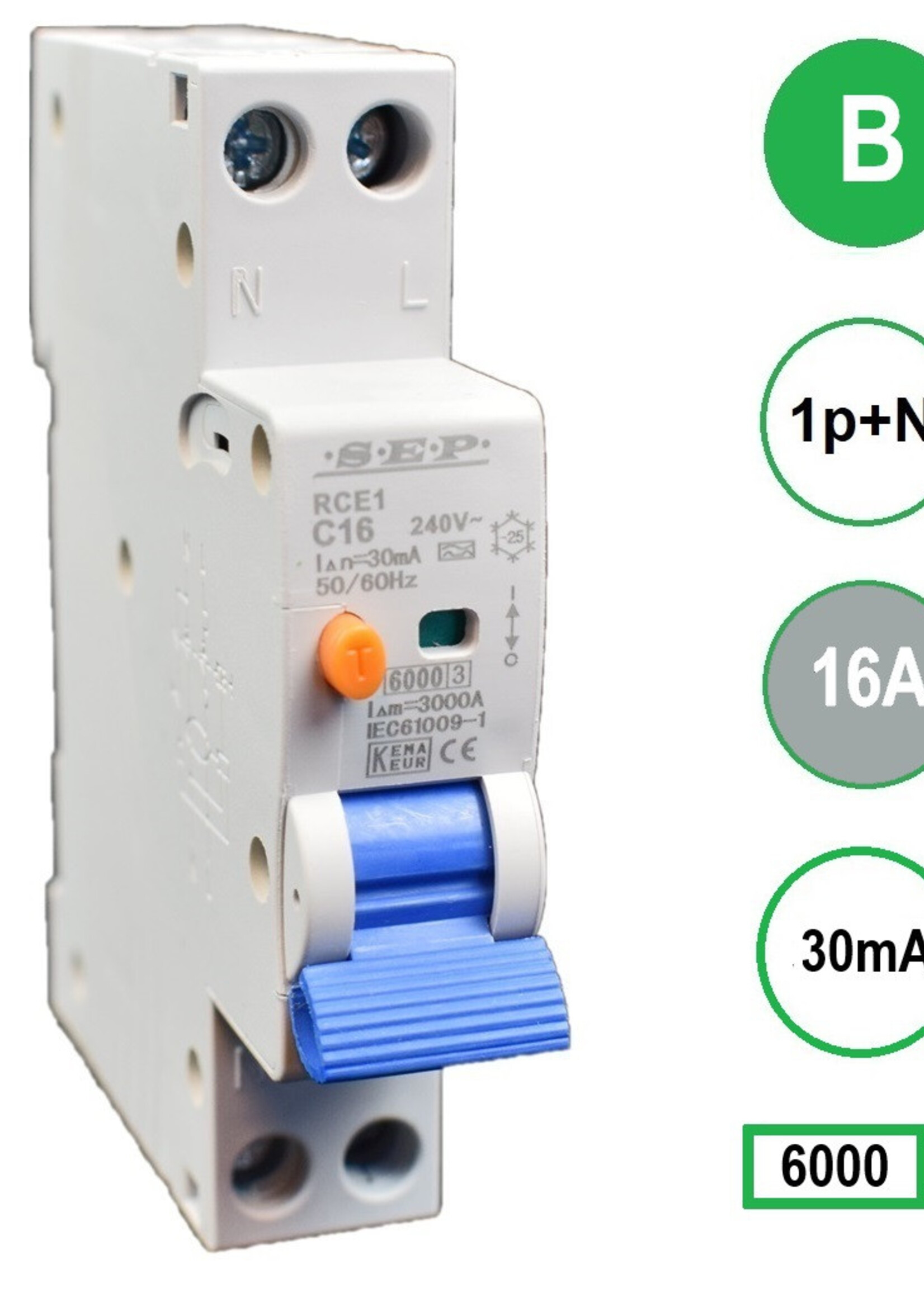 Aardlekautomaat RCE1 1p+n B16 30mA 6kA (18mm)
