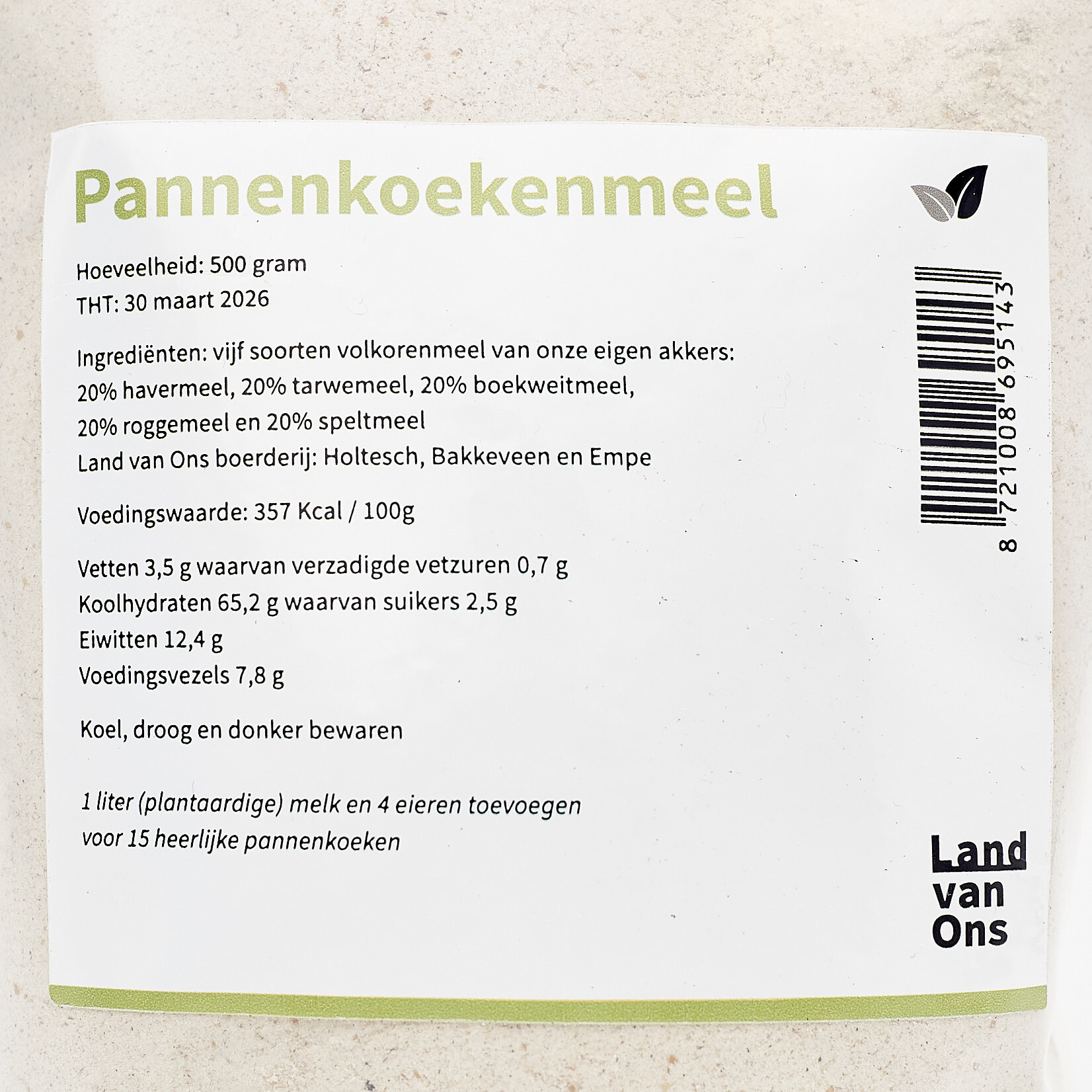 Volkoren pannenkoekenmeel tarwe, spelt, rogge, haver en boekweit steengemalen