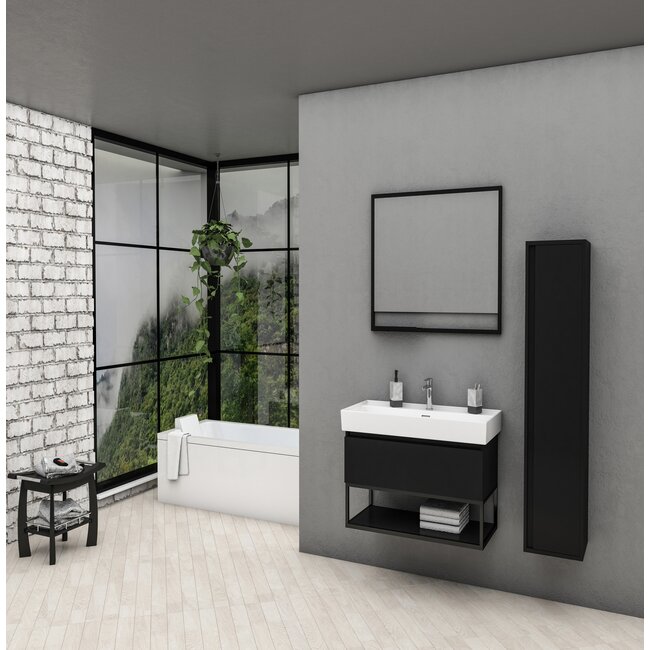 Aloni Sharp badkamermeubel 60 cm mat zwart met witte wastafel