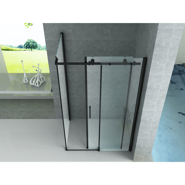 Douchecabine Schuifdeur met Zijwand - Mat Zwart  (8mm Glas) 90x140 cm