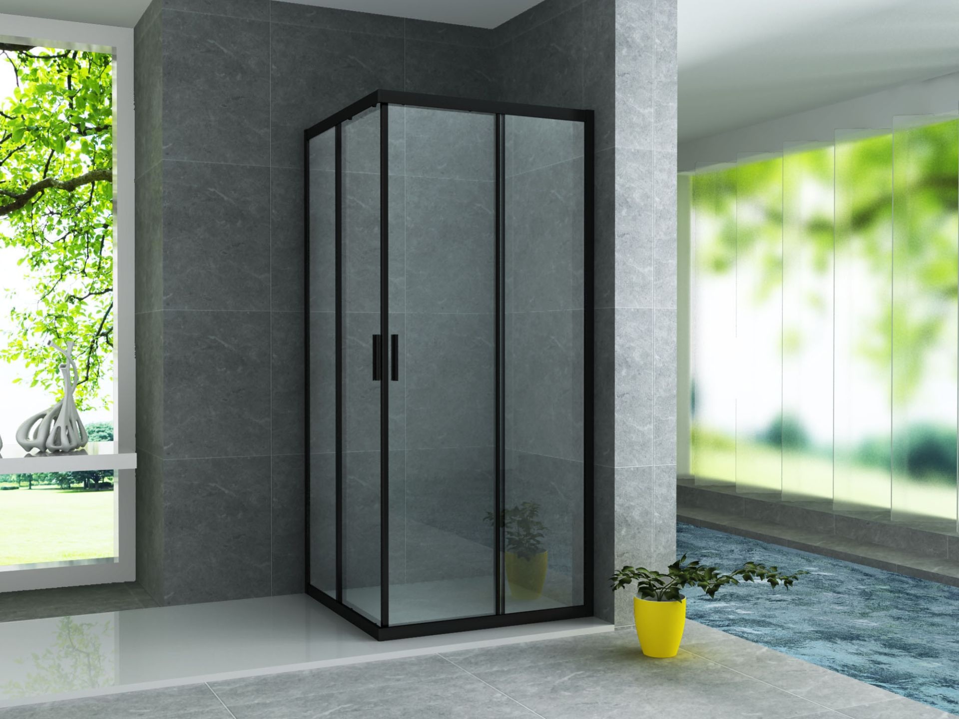 Douchecabine Vijfhoek 90x90 cm Mat Zwart Raster Frame 6 mm NANO Anti Kalk Glas